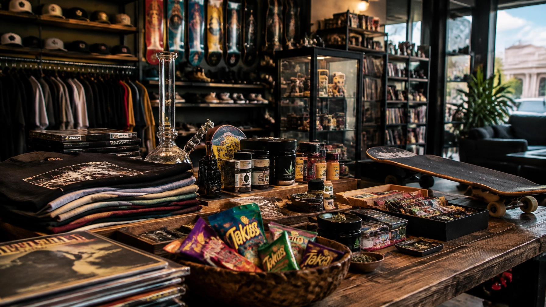 A colorful independent shop counter with skateboards, clothing, records, collectibles, and wellness products